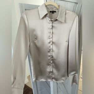 Dynamite Satin Button-Up Blouse in Light Beige